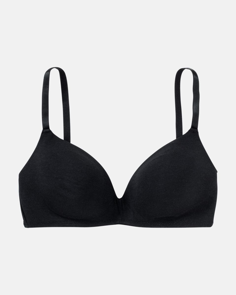 Schalen BH non wired in schwarz aus der Serie Softfeeling, flach auf einer Oberfläche liegend.