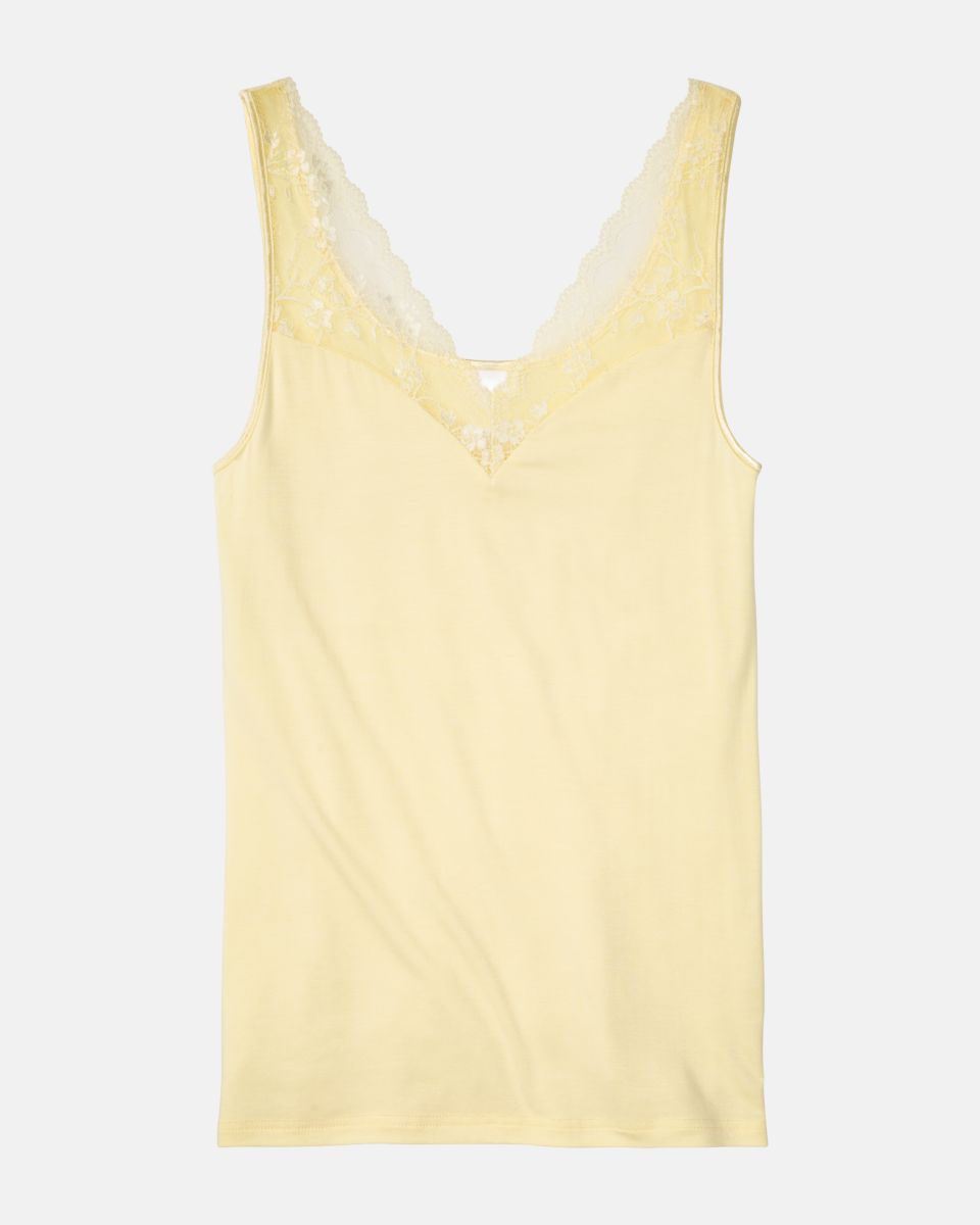 Achselhemd in zitrone aus der Serie Romy, flach auf einer Oberfläche liegend.