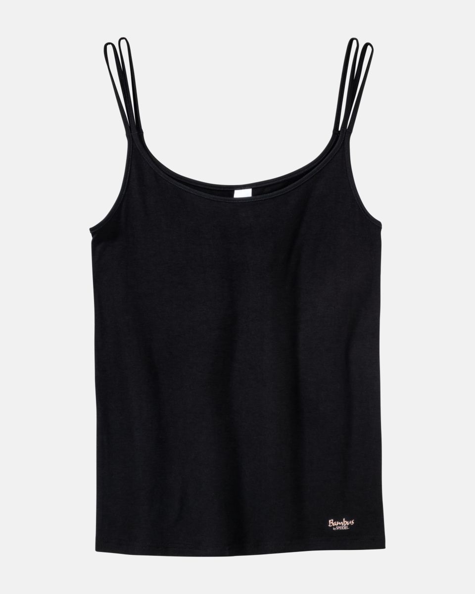 Hemd in schwarz aus der Serie Bambus, flach auf einer Oberfläche liegend.