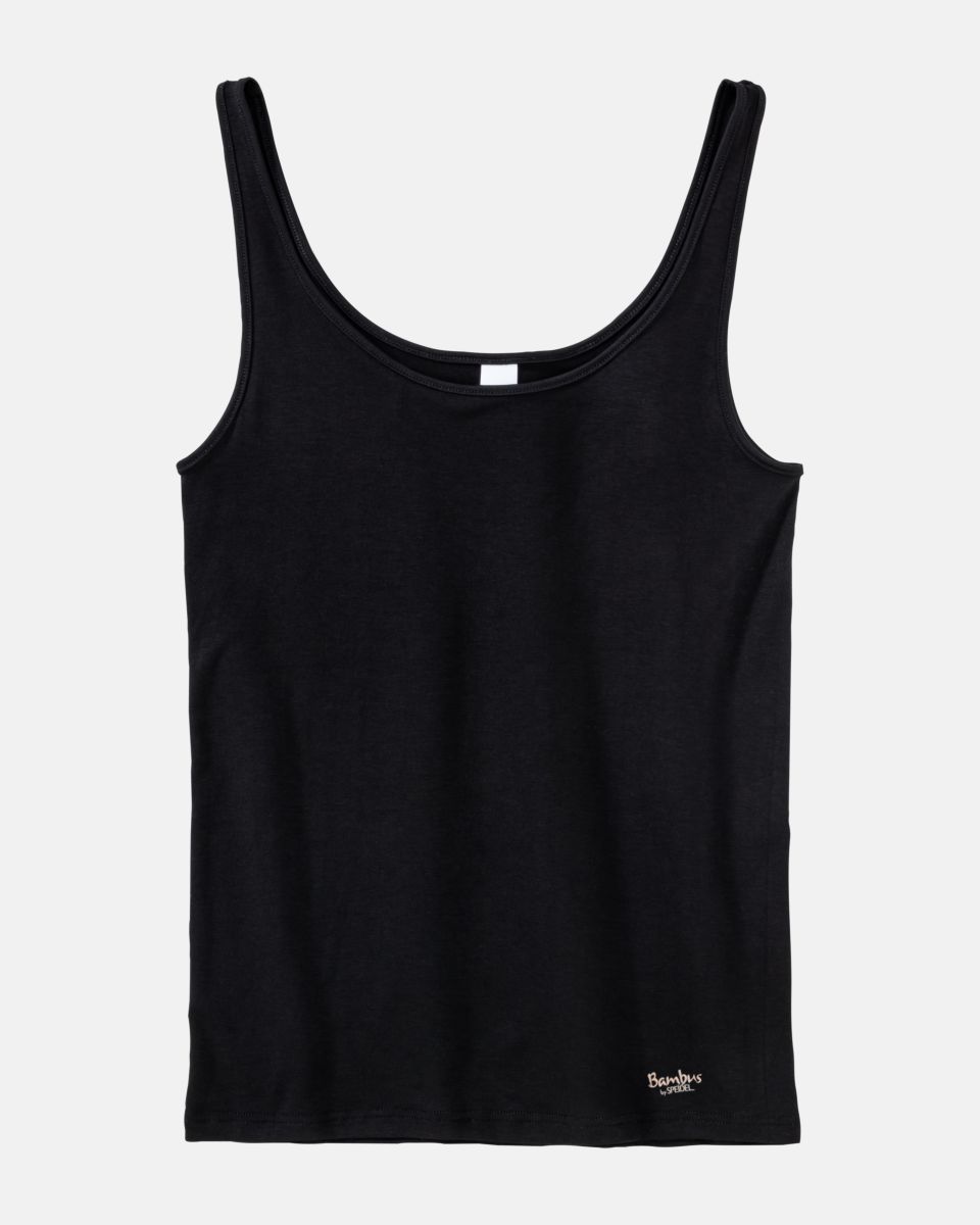 Achselhemd in schwarz aus der Serie Bambus, flach auf einer Oberfläche liegend.