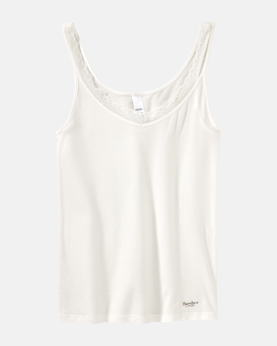 Achselhemd in elfenbein aus der Serie Bambus, flach auf einer Oberfläche liegend.