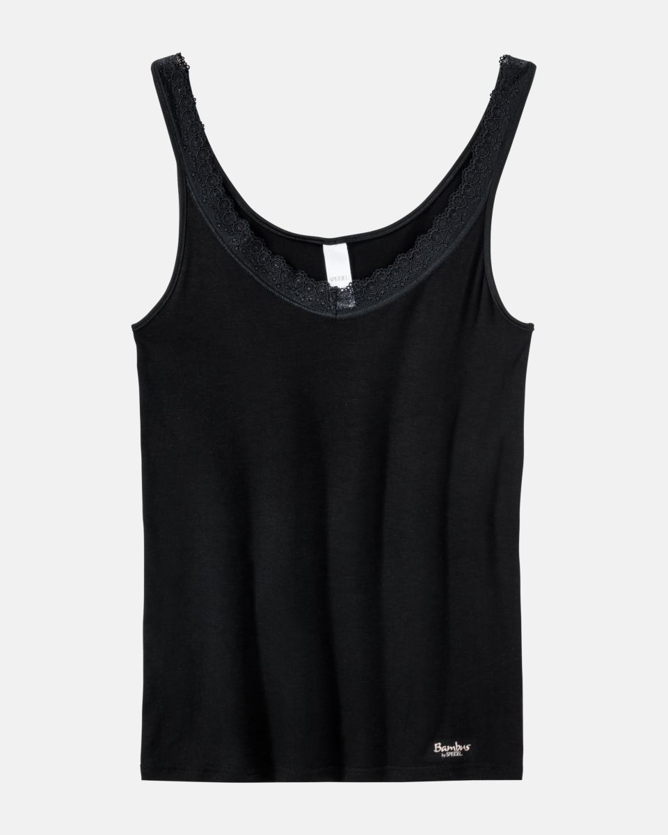 Achselhemd in schwarz aus der Serie Bambus, flach auf einer Oberfläche liegend.