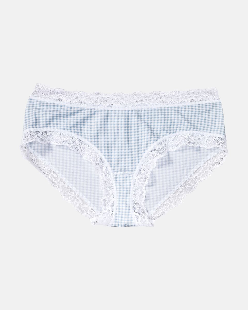 Hipster in vichy aquamarin aus der Serie Rosa, flach auf einer Oberfläche liegend.