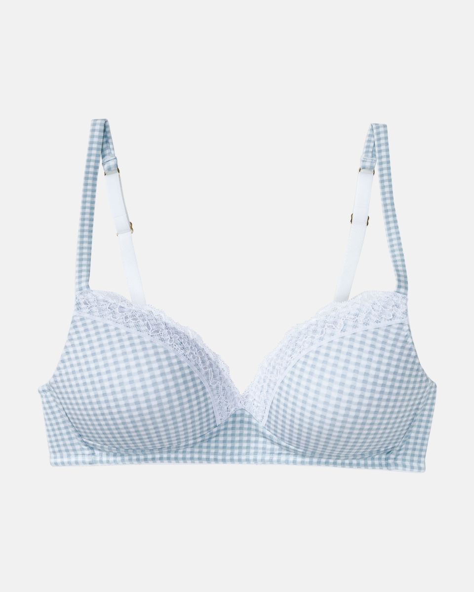 Schalen BH Triangle in vichy aquamarin aus der Serie Rosa, flach auf einer Oberfläche liegend.