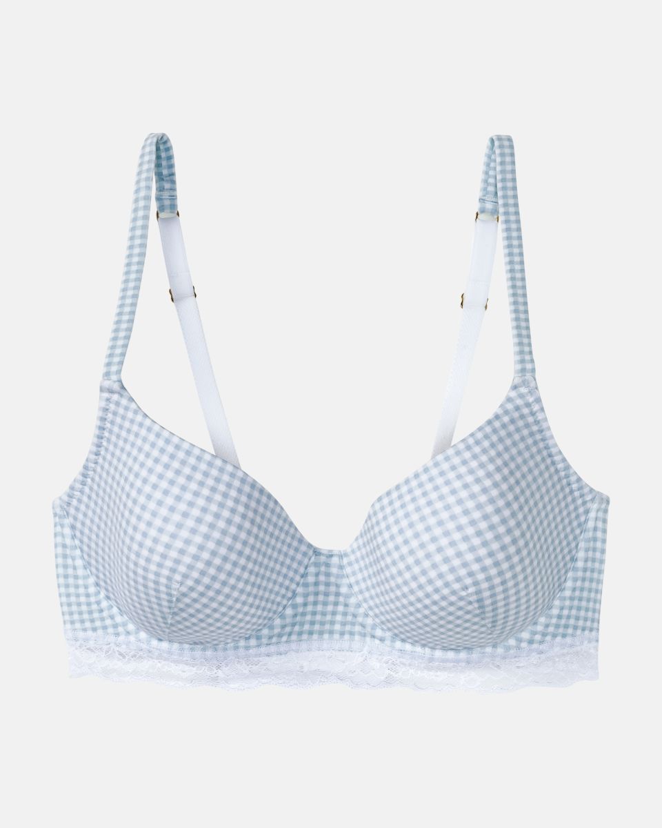 Schalen BH mit Bügel in vichy aquamarin aus der Serie Rosa, flach auf einer Oberfläche liegend.