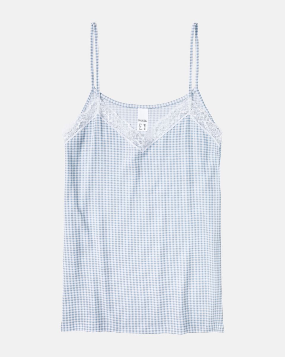 Hemd in vichy aquamarin aus der Serie Rosa, flach auf einer Oberfläche liegend.