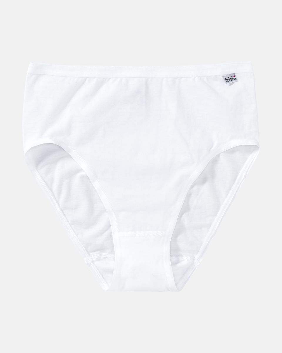 Hüftslip in weiß aus der Serie Britta, flach auf einer Oberfläche liegend.