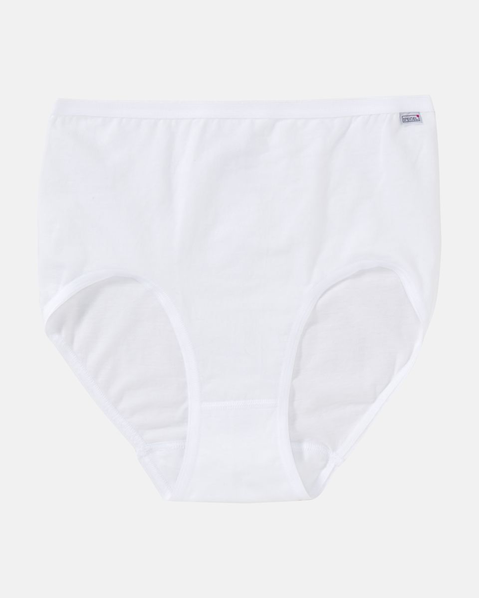 Taillenslip in weiß aus der Serie Britta, flach auf einer Oberfläche liegend.