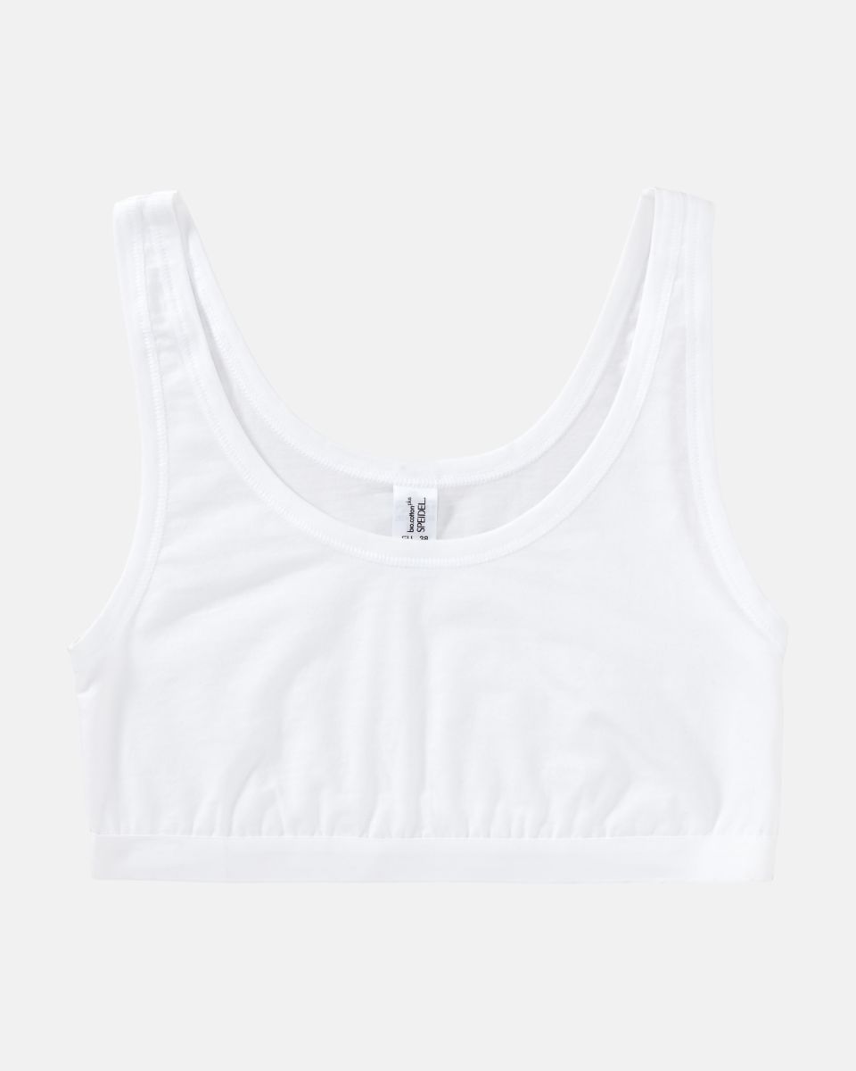 Achselbustier in weiß aus der Serie Bio Cotton plus, flach auf einer Oberfläche liegend.