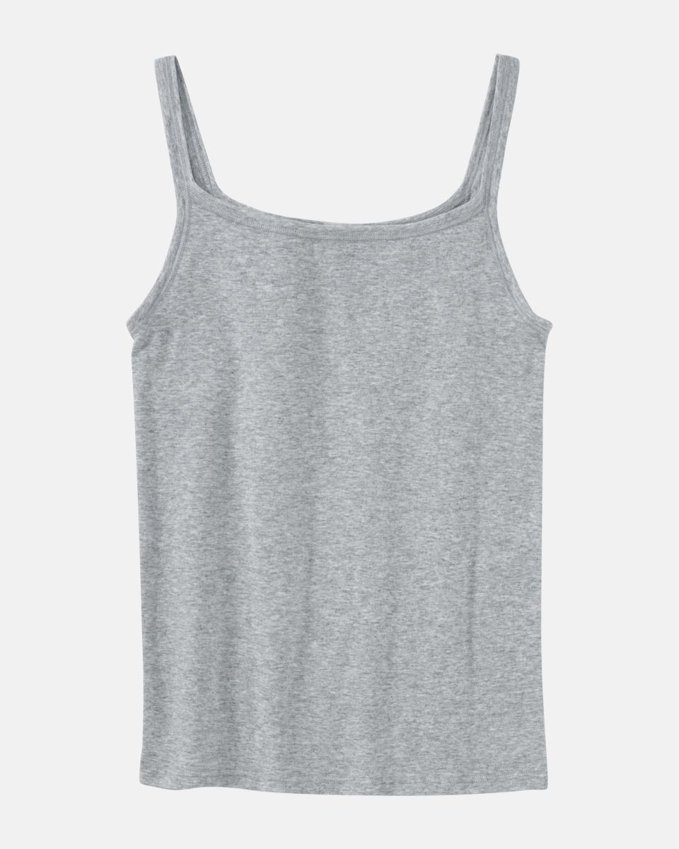 Trägerhemd in kiesel mélé aus der Serie Bio Cotton plus, flach auf einer Oberfläche liegend.